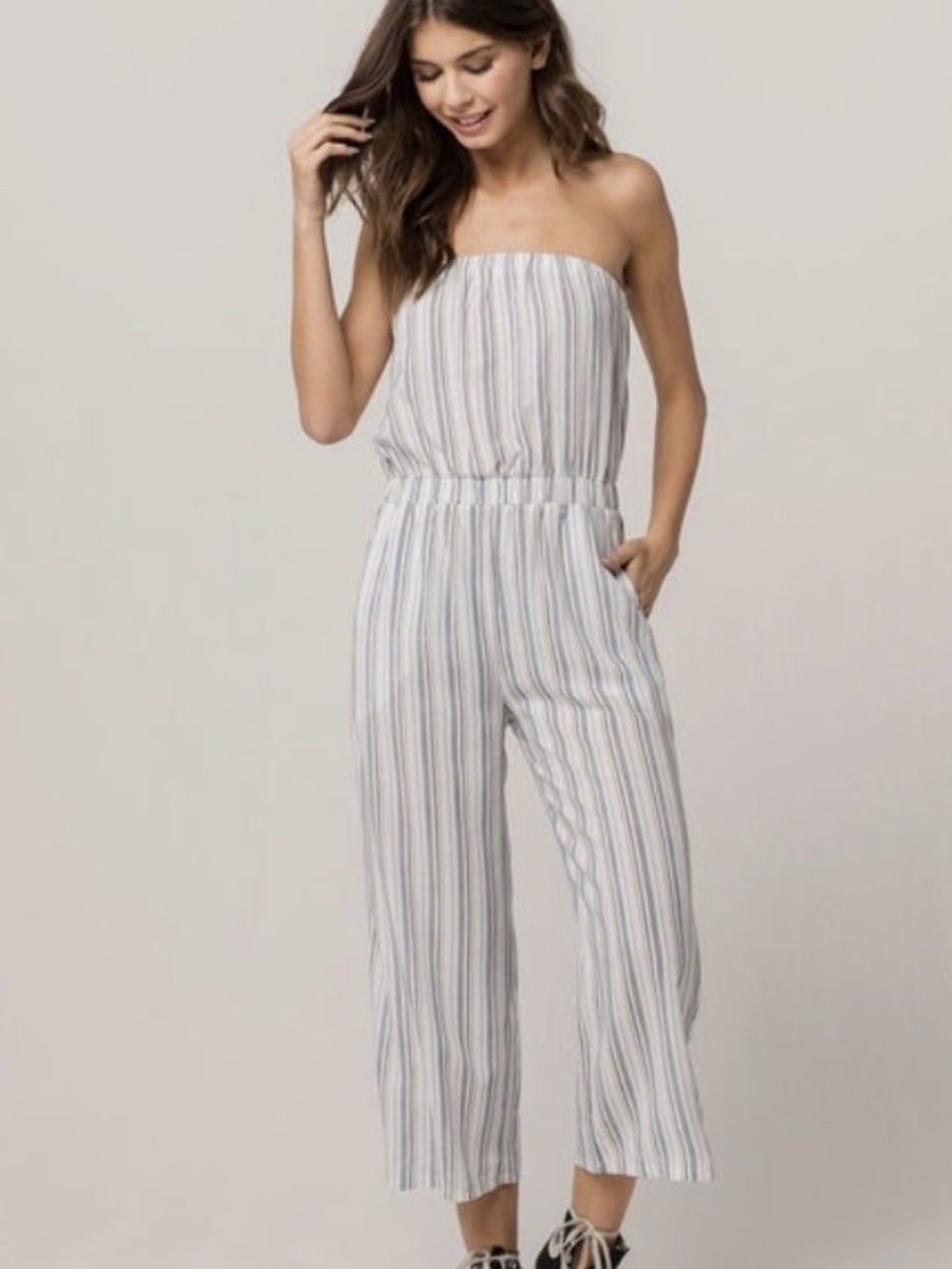 Ivy and Main Strapless Striped Jumpsuit